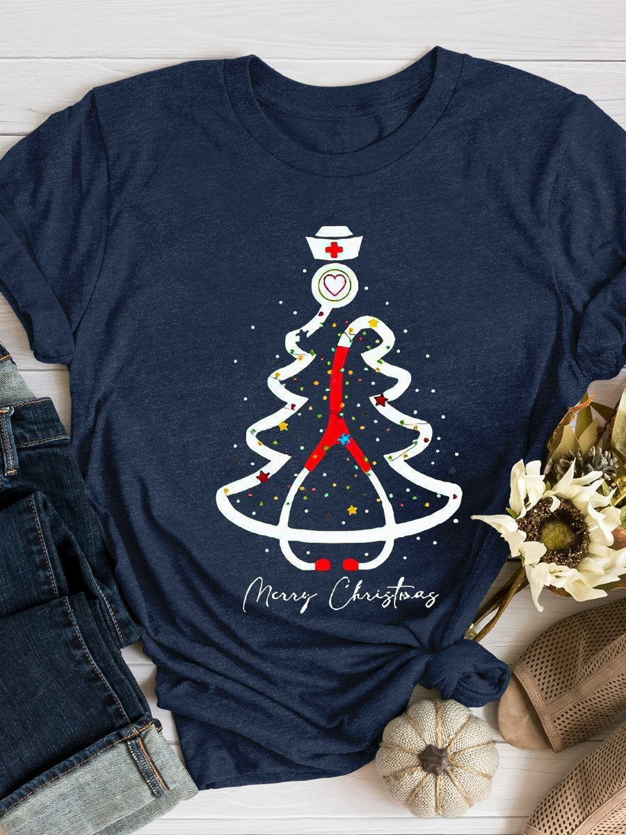 Christmas Nurse Print Short Sleeve T-shirt