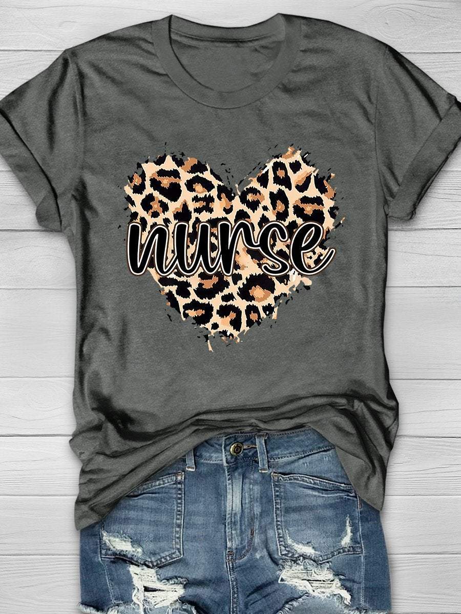 Nurse Heart Leopard Print Short Sleeve T-shirt