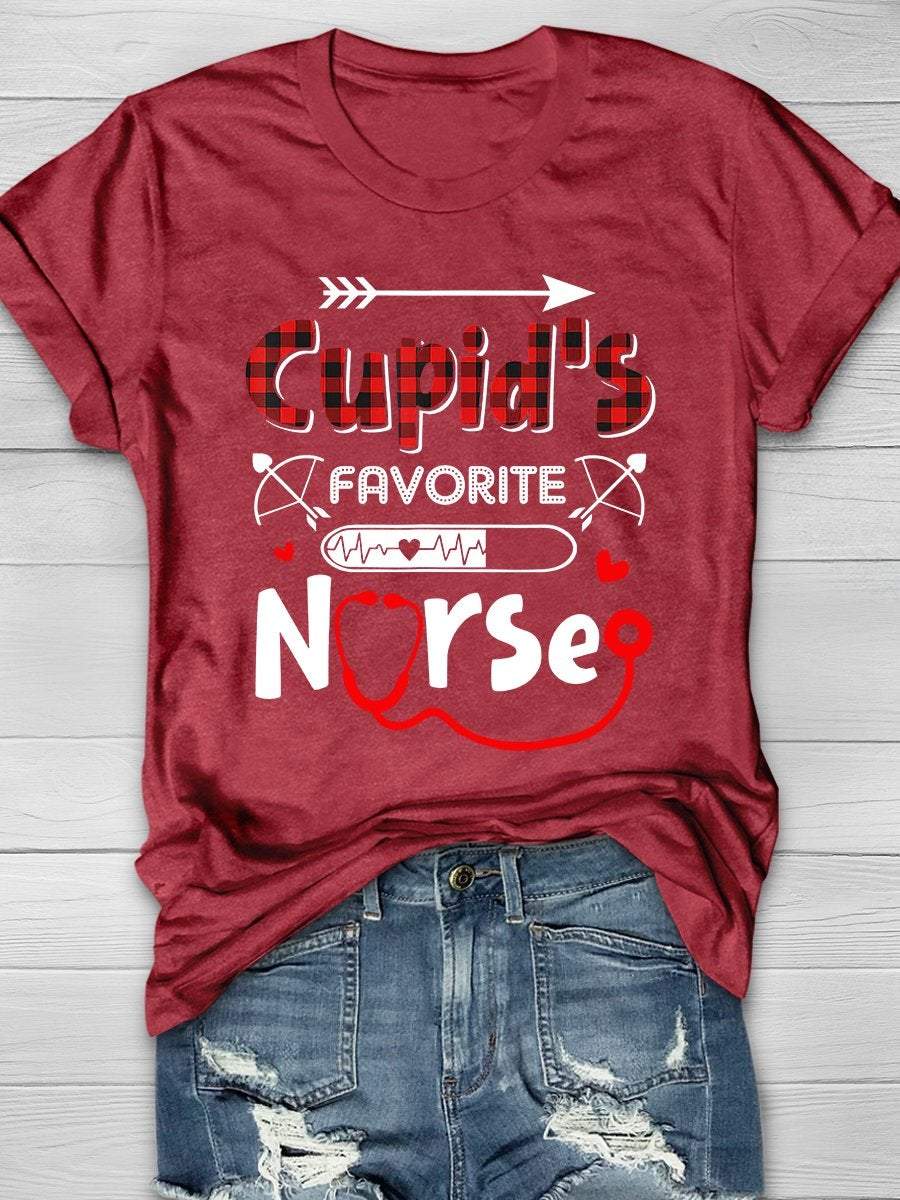 Cupid's Favorite Nurse Print Short Sleeve T-shirt