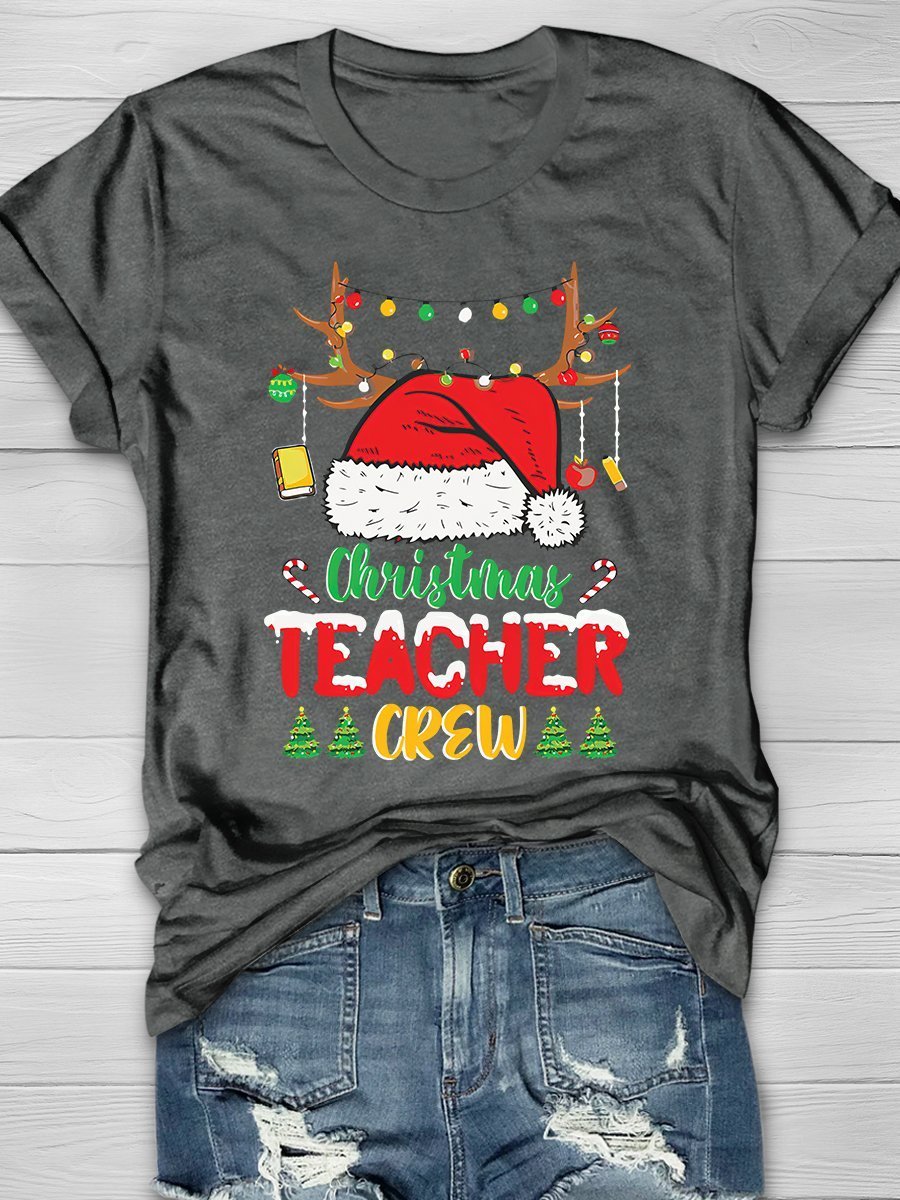 Christmas Teacher Crew Print Graphic T-shirts
