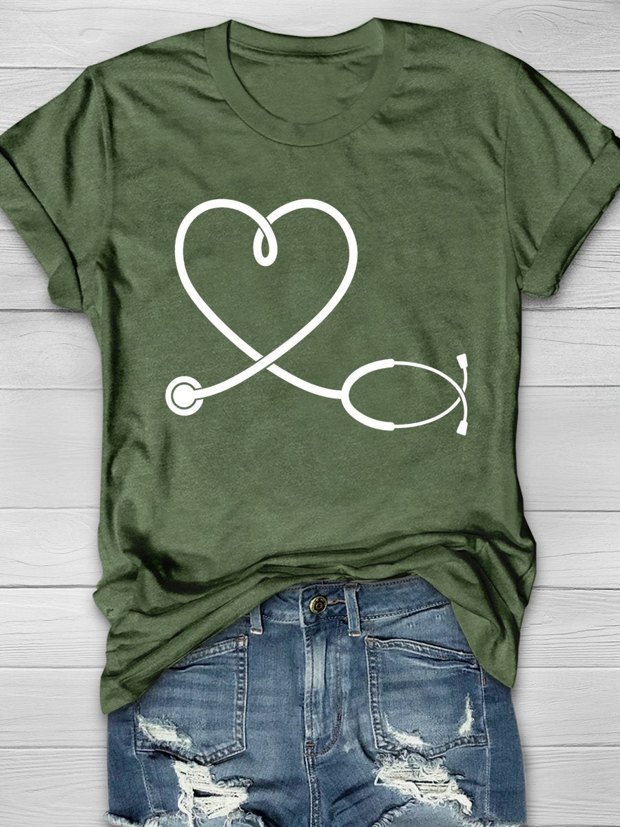 Nurse Stethoscope Love Print Short Sleeve T-shirt