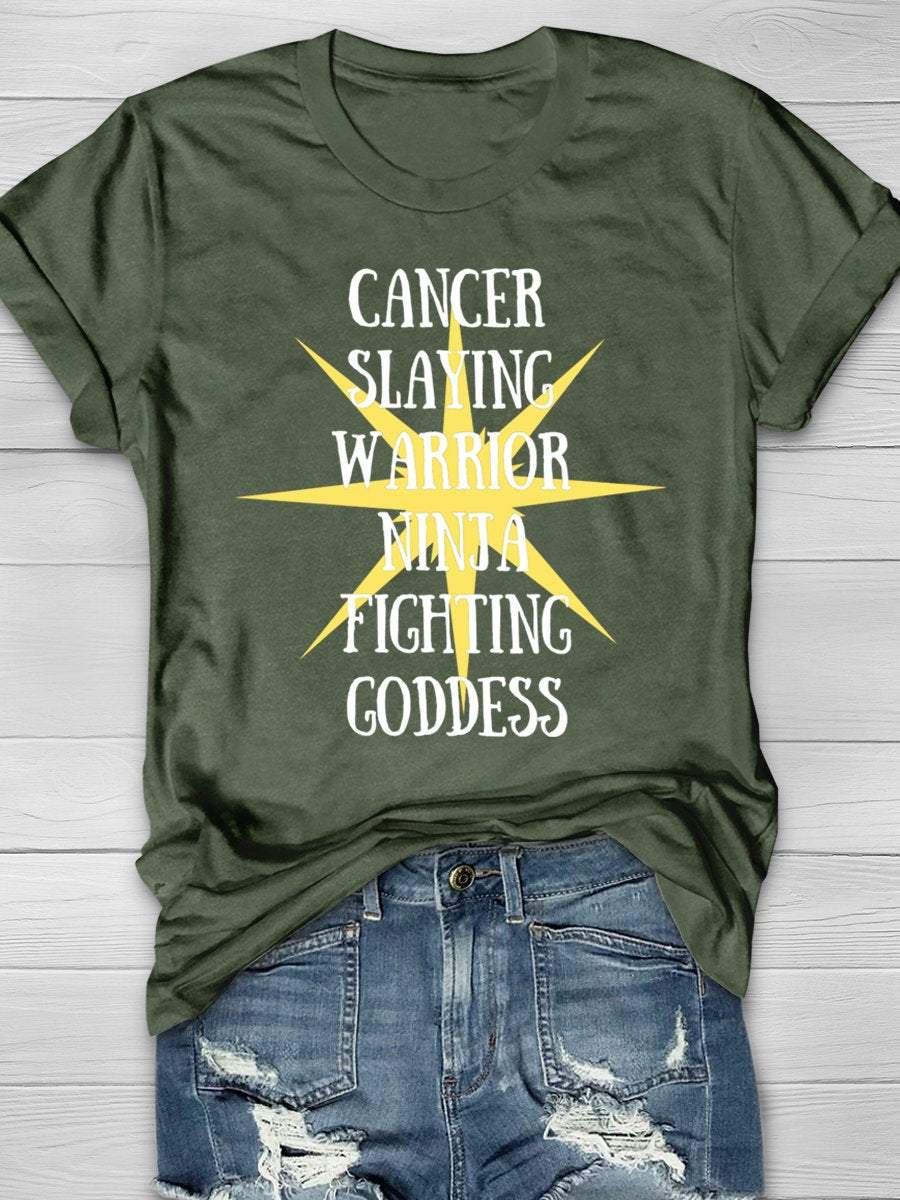 Cancer Slaying Warrior Ninja Fighting Goddess Cancer Awareness Funny Print Short Sleeve T-shirt