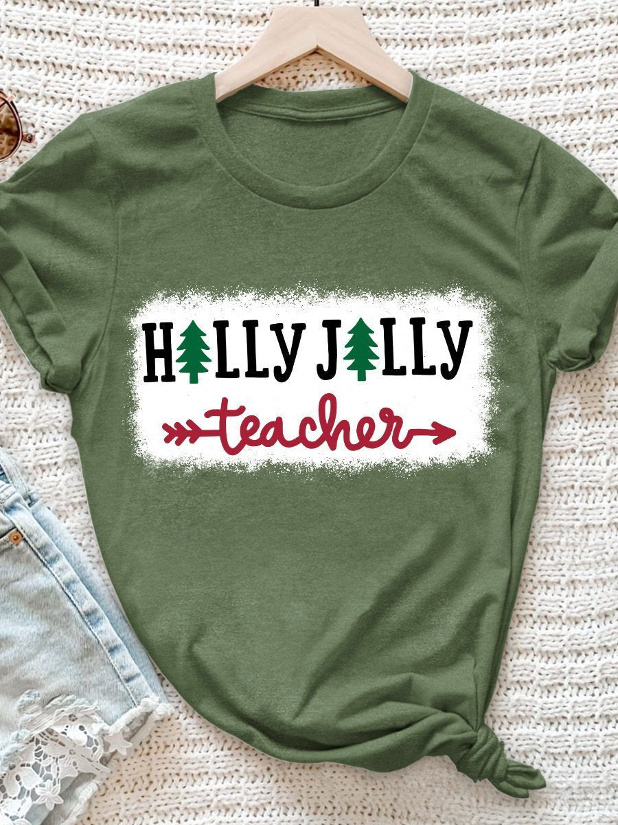 Holly Jolly Teacher Print Graphic T-shirts