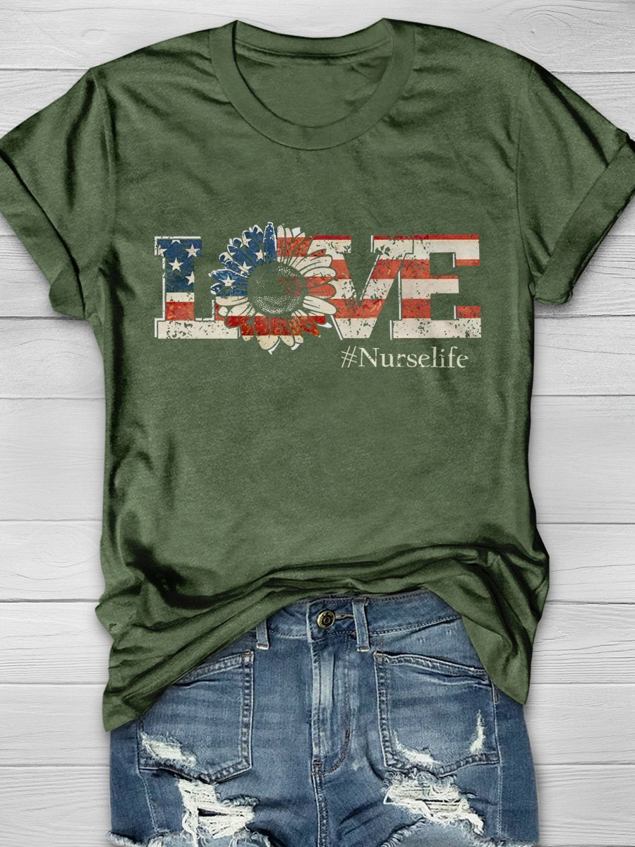 Love Nurse Like Flag Sun Flower Print Short Sleeve T-shirt