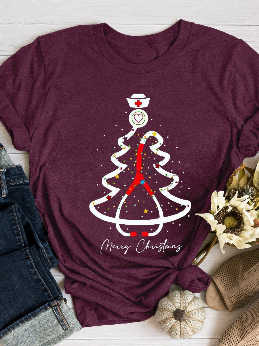 Christmas Nurse Print Short Sleeve T-shirt