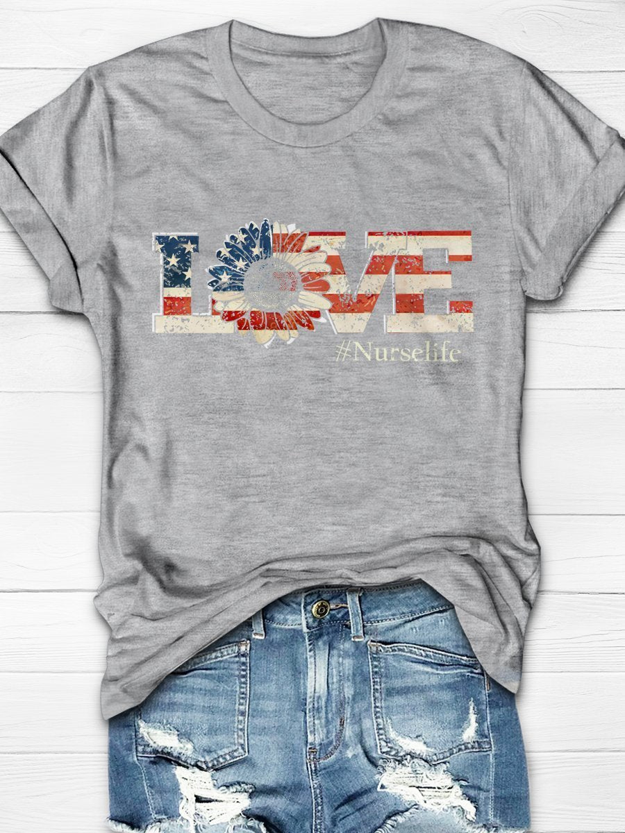 Love Nurse Like Flag Sun Flower Print Short Sleeve T-shirt