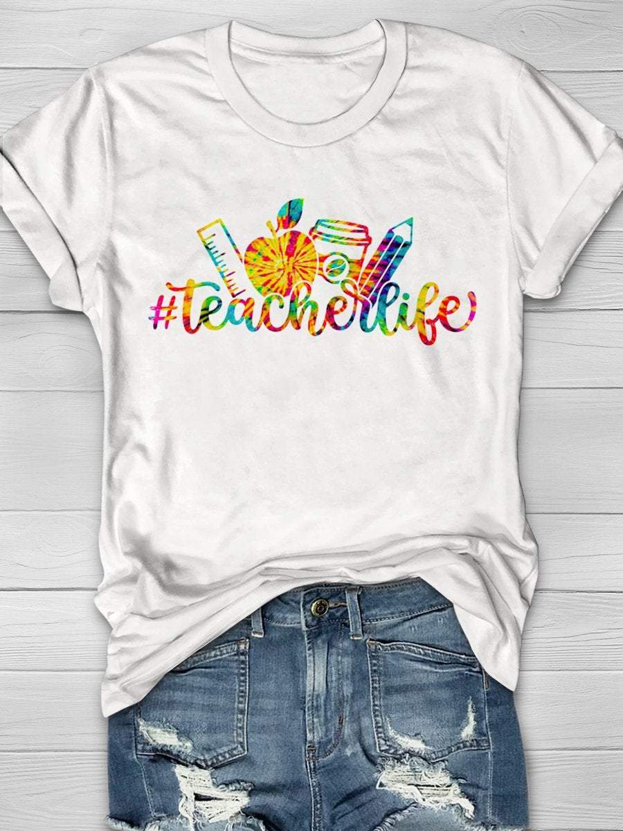 Teacher Life Tie Dye Print Graphic T-shirts